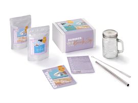 Geschenkset „Summer Beach Sip“ 2 Tüten sortiert, aromatisiert ink. Rezeptkarten, Glas, Trinkhalm & Reinigungs- bürste