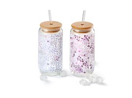 Glas "Blossom" hitzebeständiges Glas mit Blumendekor, 2-fach sortiert, mit Trinkhalm/Bambusdeckel 0,5 l| H 10,9 cm, Ø 8,8 cm, Trinkhalm L 20 cm