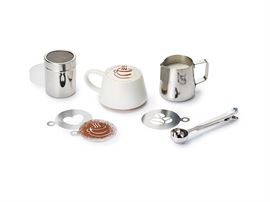 Set "Coffee Lover" Set bestehend aus Milchkännchen, Streuer, Maßlöffel inkl. Clip und drei Schablonen Edelstahl