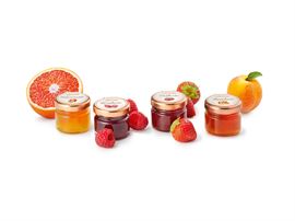 Konfitüre Erdbeere, Himbeere, Orange, Aprikose 80 Stück im Karton à 28 Gramm