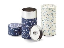 Dosen-Set "Tonbo", 80 g Weißblech, rund, mit Aromaverschluss veredelt mit Japanpapier (Washi), 2-fach sortiert H 12,5 cm, Ø 6,5 cm