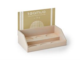 Holzdisplay „teamug“, Buche, grau lackiert, geeignet für 6 Teamugs inkl. Geschenkbox (Display ohne Kräuterteetassen) 40 x 23 x 8 cm