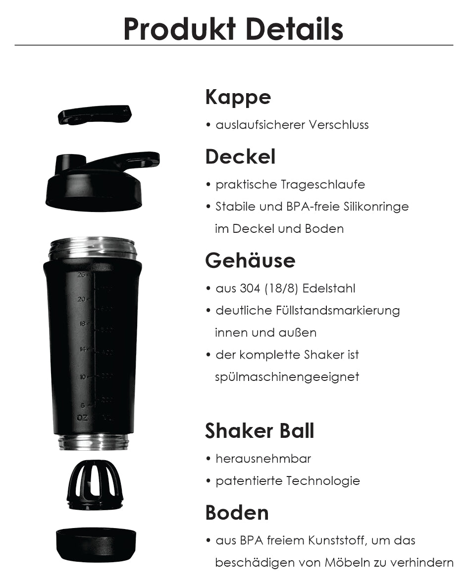 Teemando® Premium Edelstahl Shaker 750ml Kapazität, BPA-frei, auslaufsicherer Deckel, abnehmbarer Shaker-Ball, Füllstandsmarkierung, spülmaschinengeeignet für Proteinshakes, Fitness und Diät, Bodybuilding