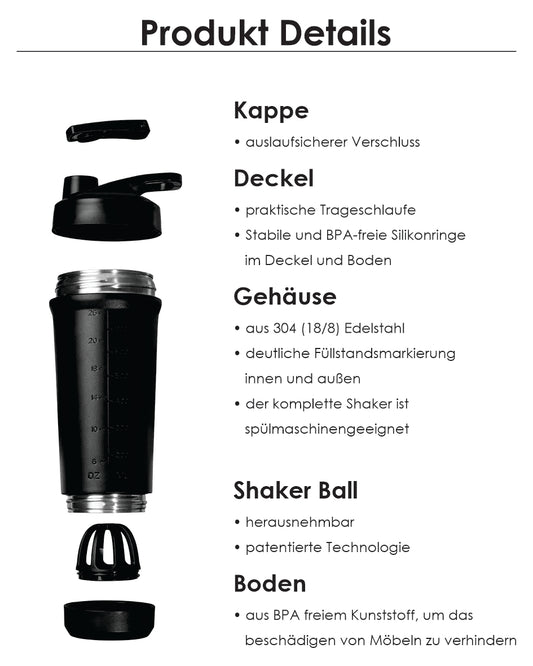 Teemando® Premium Edelstahl Shaker 750ml Kapazität, BPA-frei, auslaufsicherer Deckel, abnehmbarer Shaker-Ball, Füllstandsmarkierung, spülmaschinengeeignet für Proteinshakes, Fitness und Diät, Bodybuilding