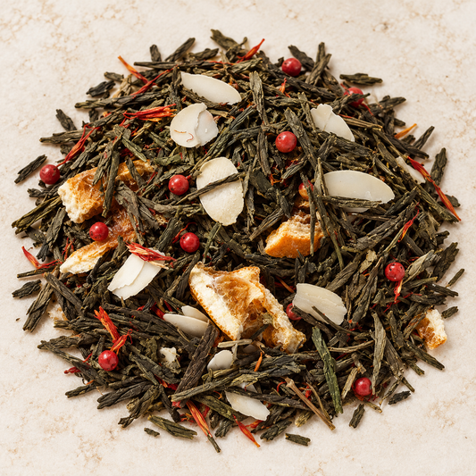 Grünteemischung Sencha Tannengrün (Mandel-Orangen-N.) aromatisiert 1 kg – TEEMANDO Atelier