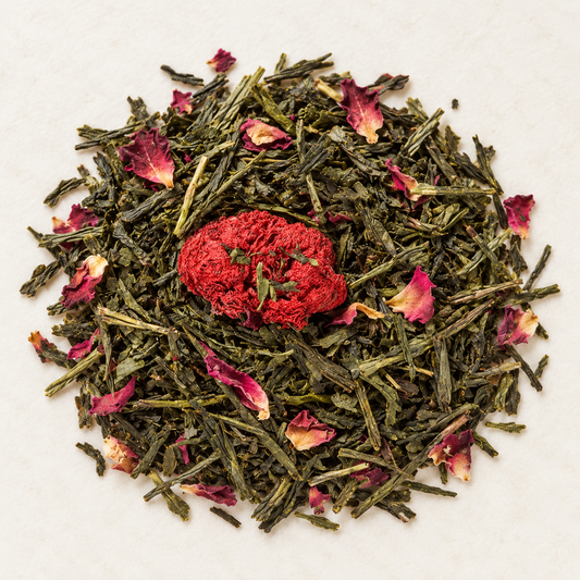 Grünteemischung Sencha Granatapfelblüte Granatapfel-Note aromatisert 1 kg – TEEMANDO Atelier