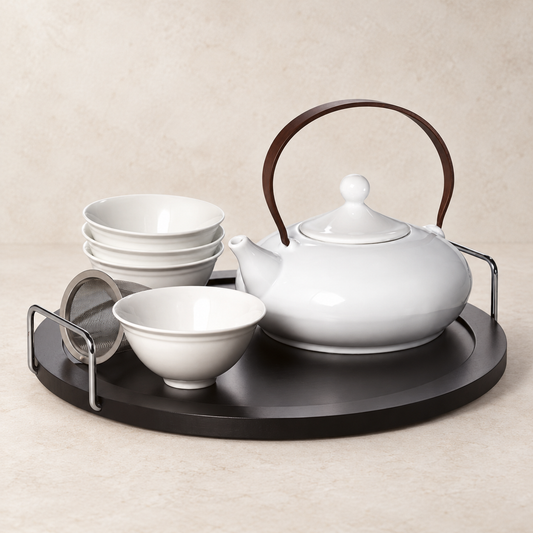TEEMANDO Atelier – Tee-Set "Elea" Porzellan, Kanne und 4 Cups Kanne: 0,4 l, Cup: 0,1 l, Tablett: Ø 28 cm