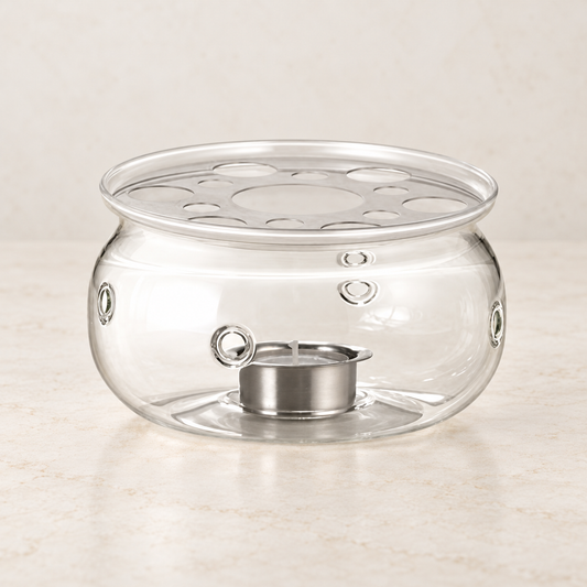 TEEMANDO Atelier – Glas-Stövchen "Merkur" von Cha Cult, mit Aluminiumplatte H 8,2 cm Ø ca. 13,5 cm