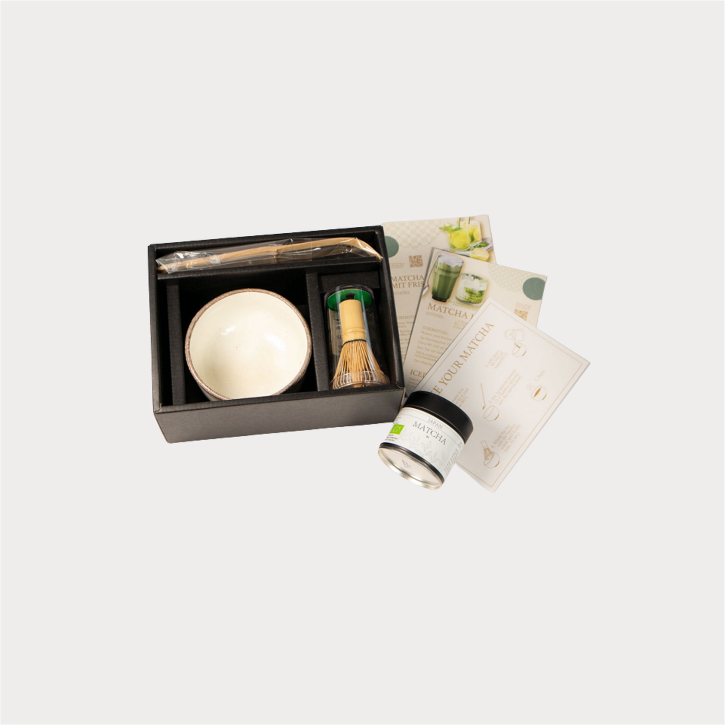 Matcha Geschenkset mit Schale, Besen, Löffel, Premium Matcha k.b.A. 30g inkl. 3 Produktka