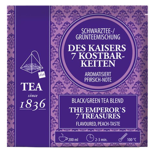 Schwarz-/ Grünteemischung Des Kaisers 7 Kostbarkeiten Pfirsich-Note aromatisiert 50 Pyramidenbeutel im Sachet à 3 g
