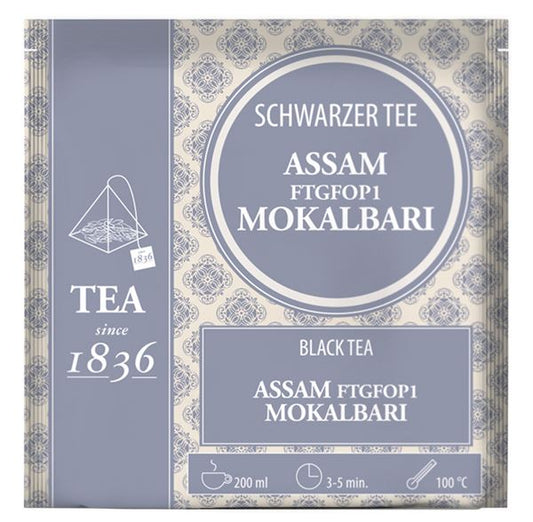 Schwarzer Tee Assam FTGFOP1 Mokalbari 50 Pyramidenbeutel im Sachet à 3 g