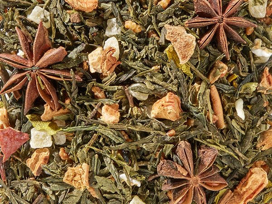 Grünteemischung Genmaicha Ganz schön frostig Tonkabohne-Zimt-Note aromatisiert