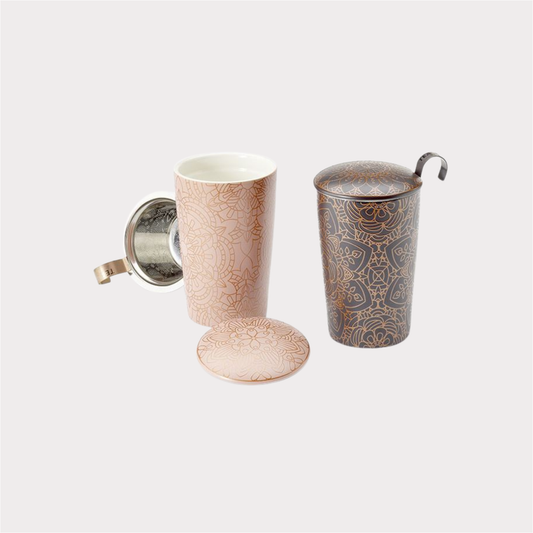 Teaeve® Kräuterteetasse "Mandala" Porzellan, 3-teilig, 2-fach sortiert doppelwandig, mit Edelstahlsieb, 0,35 l