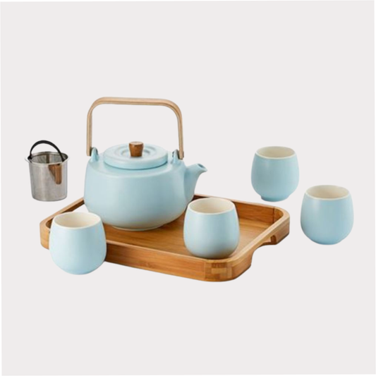 Tee-Set "Beppo" Porzellan, mit Bambustablett, 6-teilig mit Edelstahlsieb, Kanne: 0,9 l, Cup: 0,175 l Tablett 30,5 x 23 cm