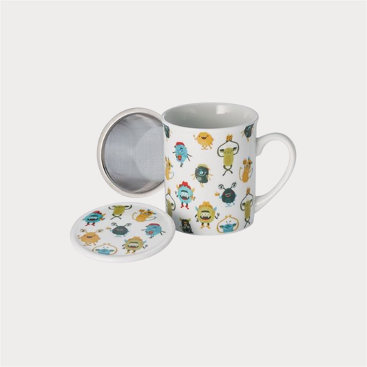 Kräuterteetasse "Happy Monsters" von Cha Cult, Porzellan, 3-teilig mit Edelstahlsieb 0,25 l