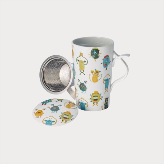 Jumbo-Kräuterteetasse "Happy Monsters" von Cha Cult, Porzellan, mit Edelstahlsieb und Deckel 0,4 l