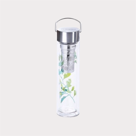 Flowtea® "Ginkgo" doppelwandiges Glas mit Edelstahlsieb, inkl. Neoprenhülle 0,35 l
