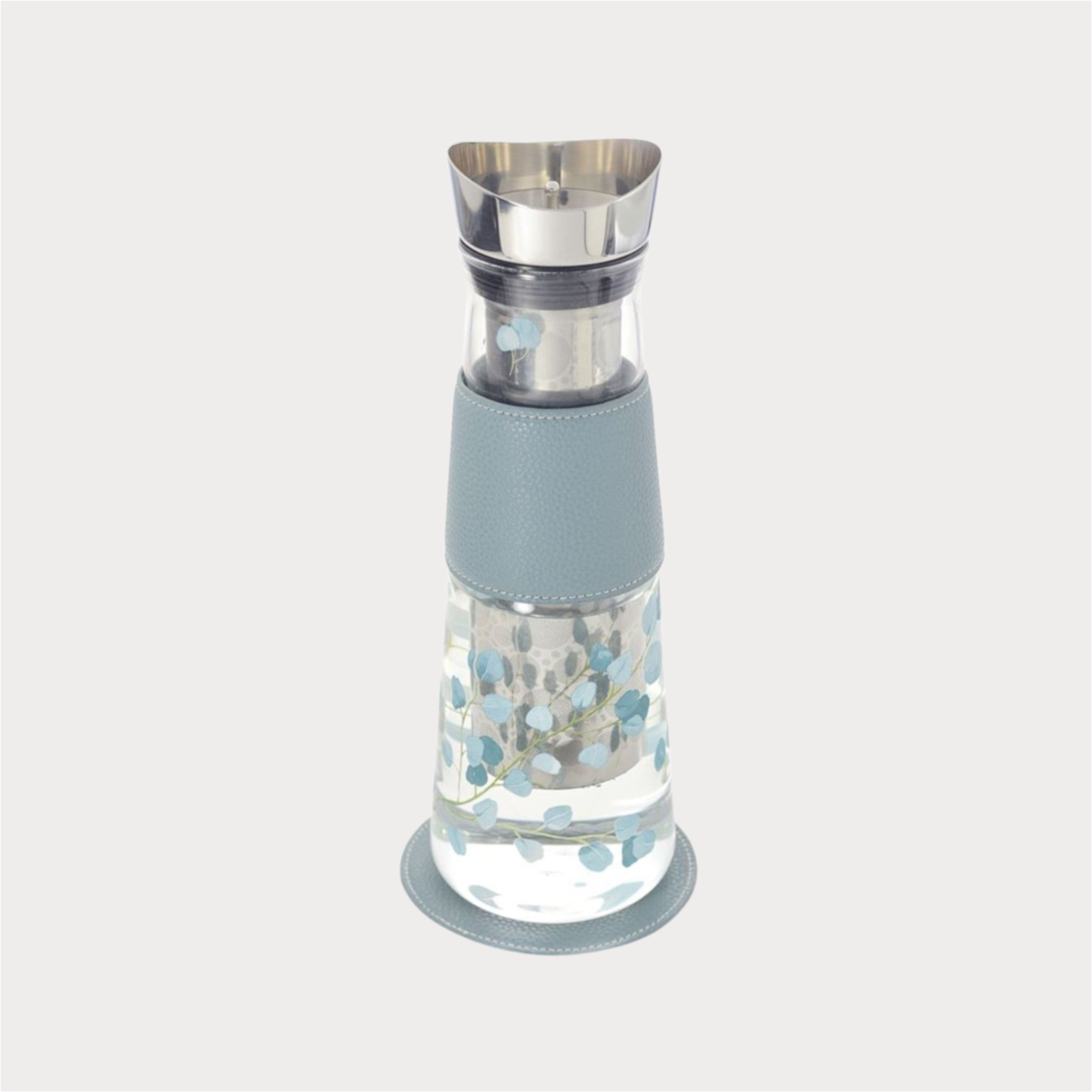 Eve Glaskaraffe "Eucalyptus" Tee-/Kaffeezubereiter aus Glas mit Edelstahlsieb und -deckel. Mit Untersetzer H 30 cm, Ø 10 cm
