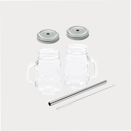 kpl. Set, 2 Becher "Lorenzo" Glas 0,4 l mit je 1 Deckel + 1 Trinkhalm "Lorenzo" Edelstahl, Länge 21,5 cm, Ø 11 mm, + 1 Reinigungsbürste "Lorenzo" L ca. 24 cm