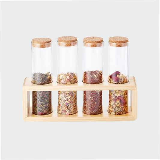 Geschenk-Set "Tammie" von Cha Cult, 4 Gläser zum Abfüllen von Tee, mit Korken im Holzständer