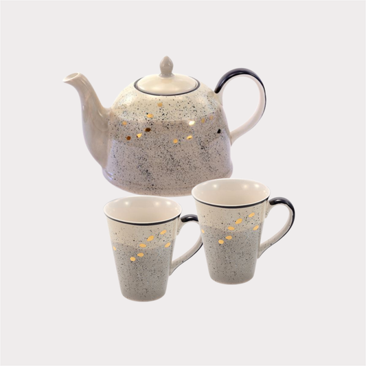 teemando® Set = Kanne "Sao" Keramik mit Goldauflage 1,9 l + 2 X Becher "Sao" Keramik mit Goldauflage 0,3 l