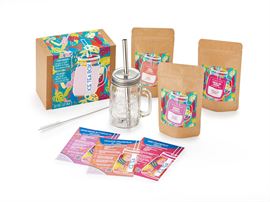 Geschenkset „Ice Tea Box“ 3 Tüten sortiert, aromatisiert inkl. Trinkglas mit Schraubdeckel, Trinkhalm, Reinigungsbürste u. 3 Produktkarten