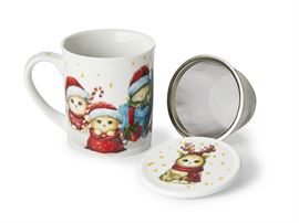 Kräuterteetasse "Christmas Cats" Porzellan, 3-teilig, mit Edelstahlsieb 0,25 l H 8,7 cm, Ø 7,4 cm
