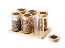 Set "Maxim" Set bestehend aus 6 Gläsern mit Bambusdeckel, auf Tablett, inkl. Stickern Material: hitzebeständiges Glas, Bambus