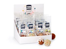 Display à 16 Trinkschokoladen-Kugeln, 40 g 4-fach: Vollmilch, bunte Streusel, Marshmallow, Rum