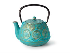Kanne "Jinan" Gusseisen, türkis-gold mit Edelstahlsieb, 1 l, China H 19 cm, Ø 7,5 cm