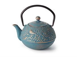 Kanne "Meng" Gusseisen, blau-gold mit Relief mit Edelstahlsieb, 0,65 l, China H 16 cm, Ø 6 cm