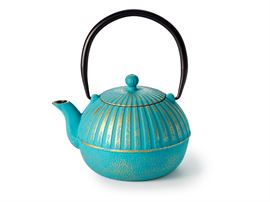 Kanne "Beijing" Gusseisen, türkis-gold mit Edelstahlsieb, 0,8 l, China H 12,5 cm, Ø 6,7 cm