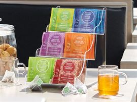 Display (unbefüllt) transparentes Acryl mit 6 Fächern für Befüllung 7 einzelne Sachets pro Sorte Maße: L19,1 x B29 x H26,5 cm / Fachtiefe 9 cm