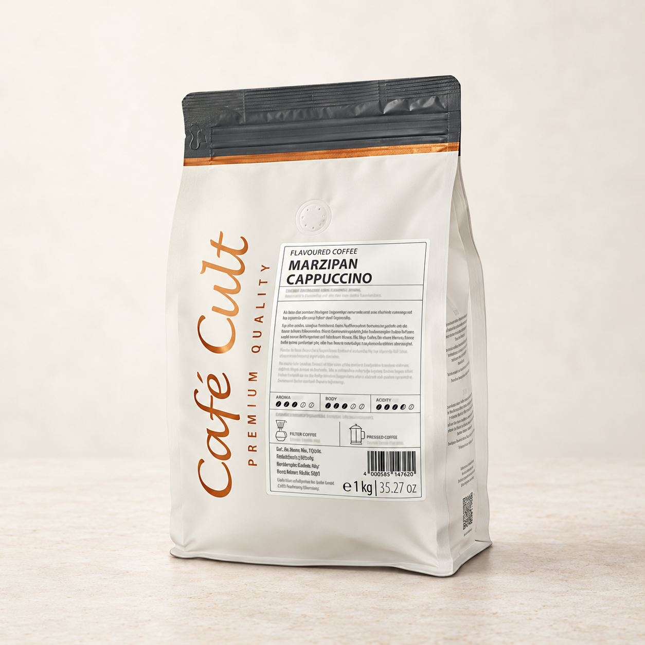 Kaffee "Marzipan-Cappuccino" in 1 kg Tüte, ganze Bohne aromatisiert – TEEMANDO Atelier