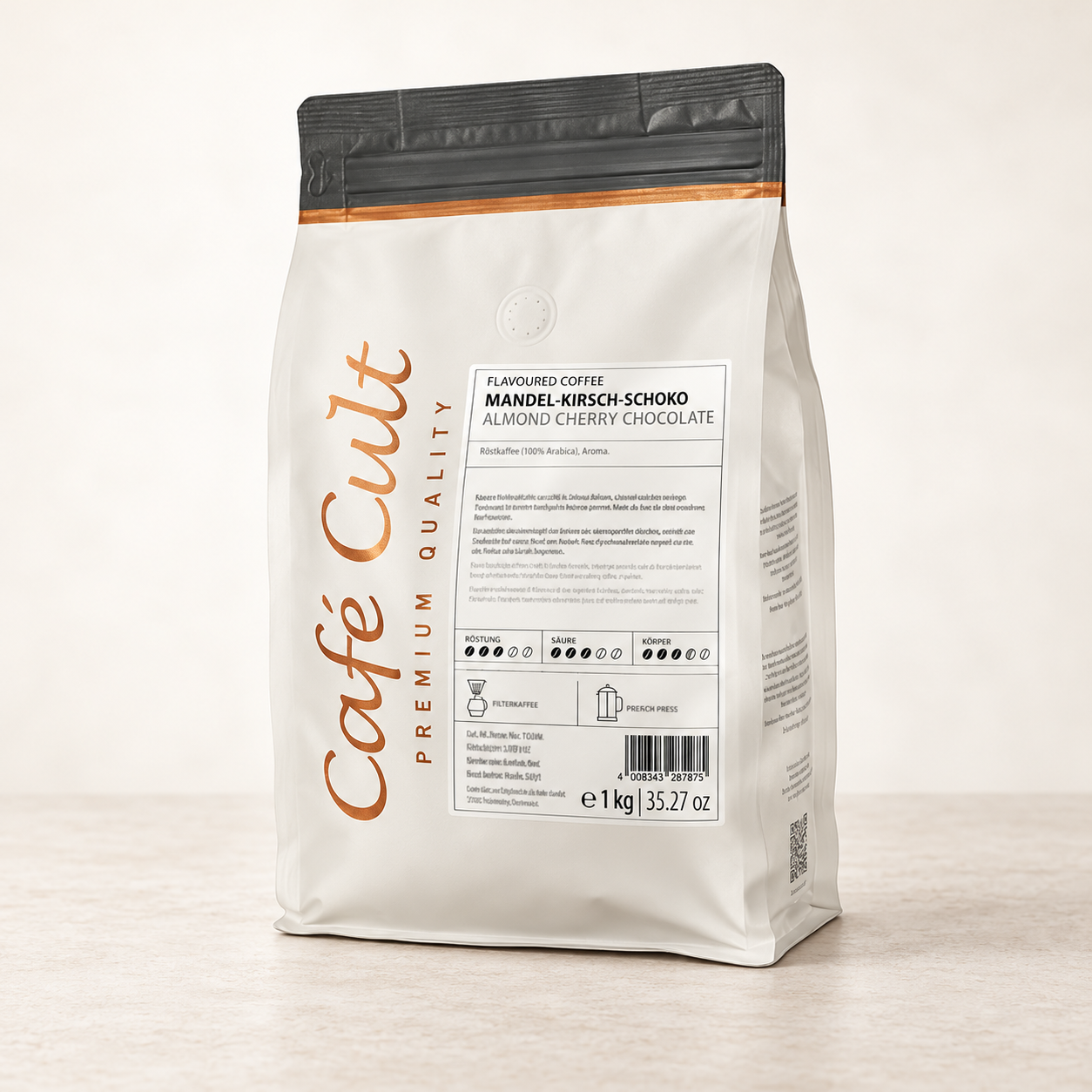 Kaffee "Mandel-Kirsch-Schoko" in 1 kg Tüte, ganze Bohne aromatisiert – TEEMANDO Atelier
