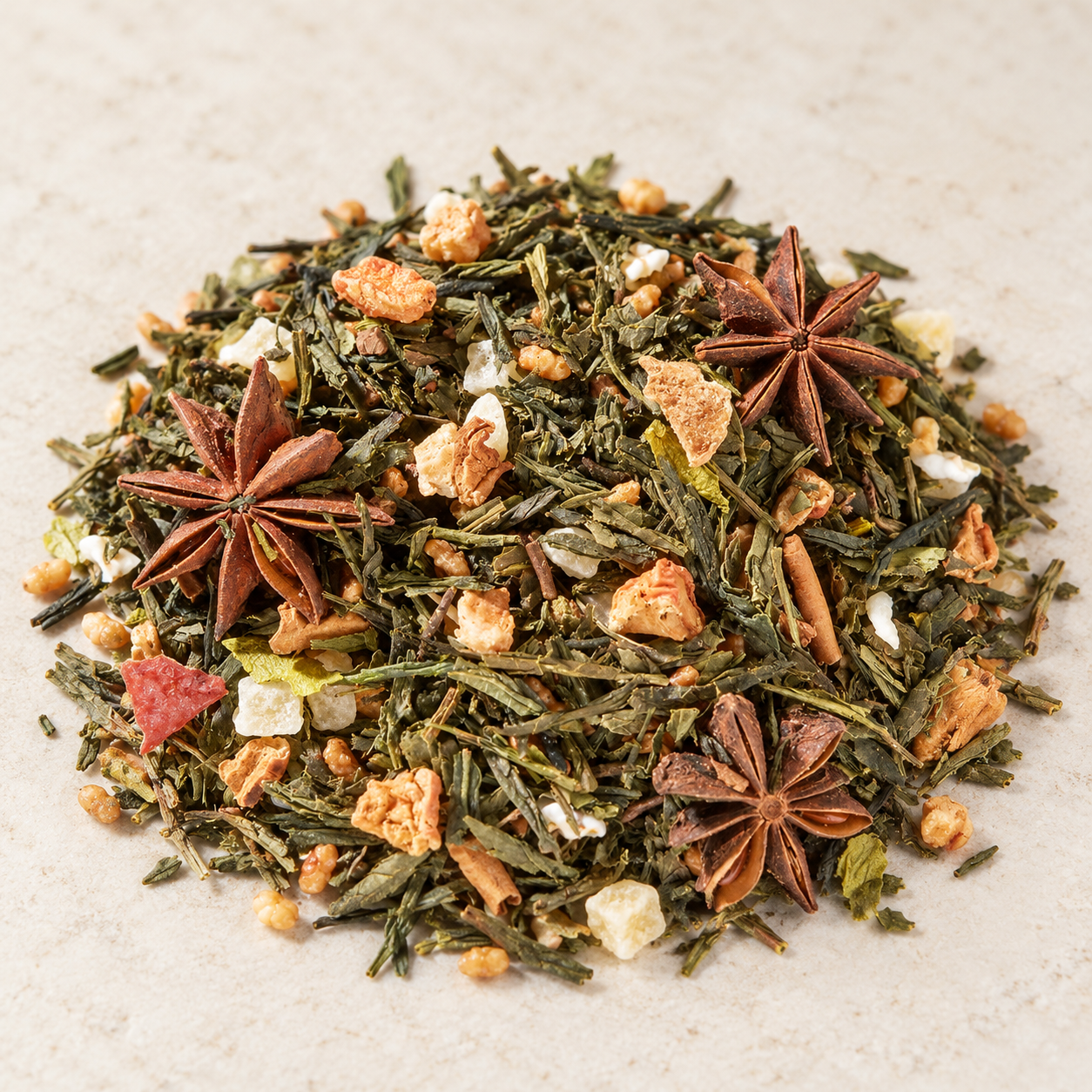 Grünteemischung Genmaicha Ganz schön frostig Tonkabohne-Zimt-Note aromatisiert 1 kg – TEEMANDO Atelier