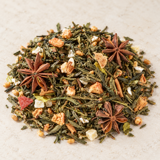 Grünteemischung Genmaicha Ganz schön frostig Tonkabohne-Zimt-Note aromatisiert 1 kg – TEEMANDO Atelier