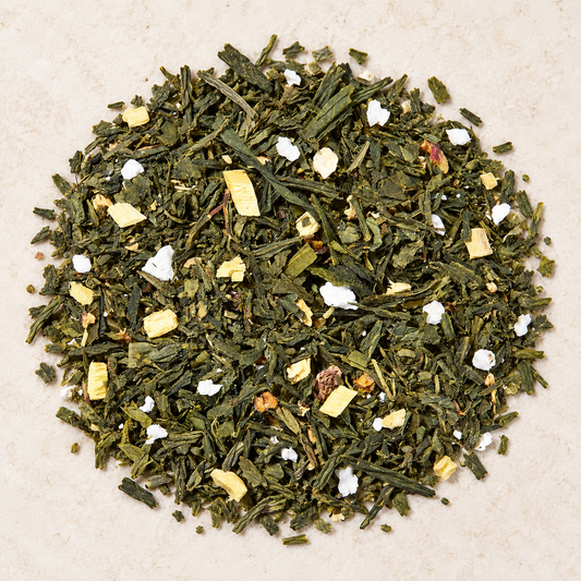 Grünteemischung Sencha Jet-Set Tokio Pflaumen-Yuzu-Note aromatisiert 1 kg – TEEMANDO Atelier