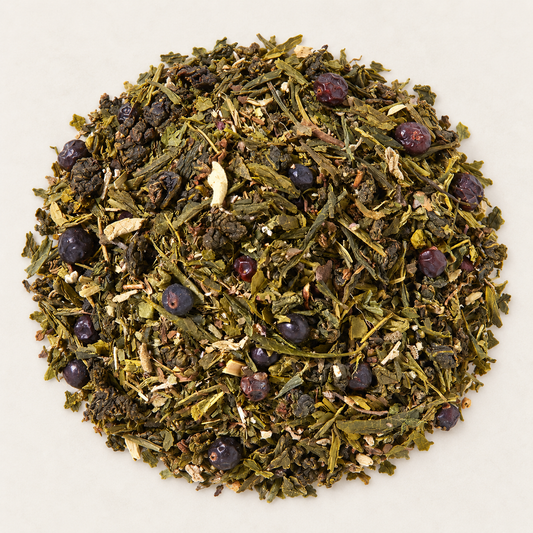 Grünteemischung mit halbfermentiertem Tee Brennnessel/Salbei/Wacholder Zitronen-Wacholder- Gurken-Note aromatisiert, 1 kg – TEEMANDO Atelier