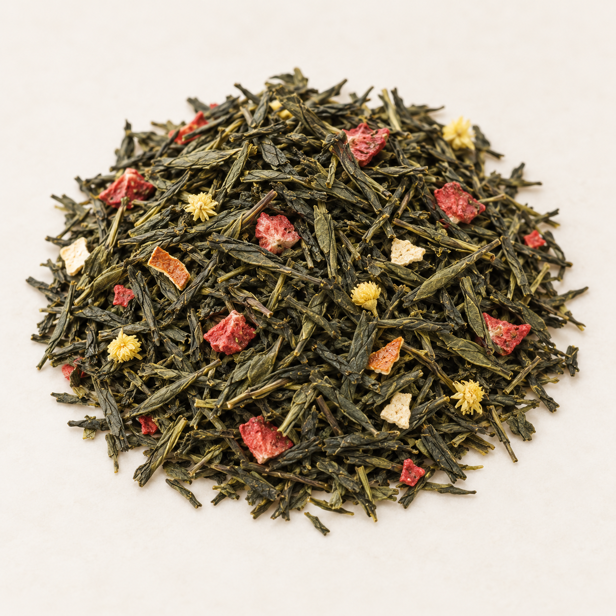 Grünteemischung Sencha Frühjahrsmelodie Erdbeer-Orangen-Note aromatisiert 1 kg – TEEMANDO Atelier