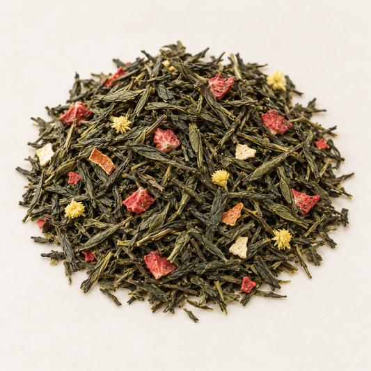 Grünteemischung Sencha Frühjahrsmelodie Erdbeer-Orangen-Note aromatisiert 1 kg – TEEMANDO Atelier