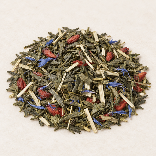 Grünteemischung Sencha Gojiberry Granatapfel-Heidelbeer-Note aromatisiert 1 kg – TEEMANDO Atelier