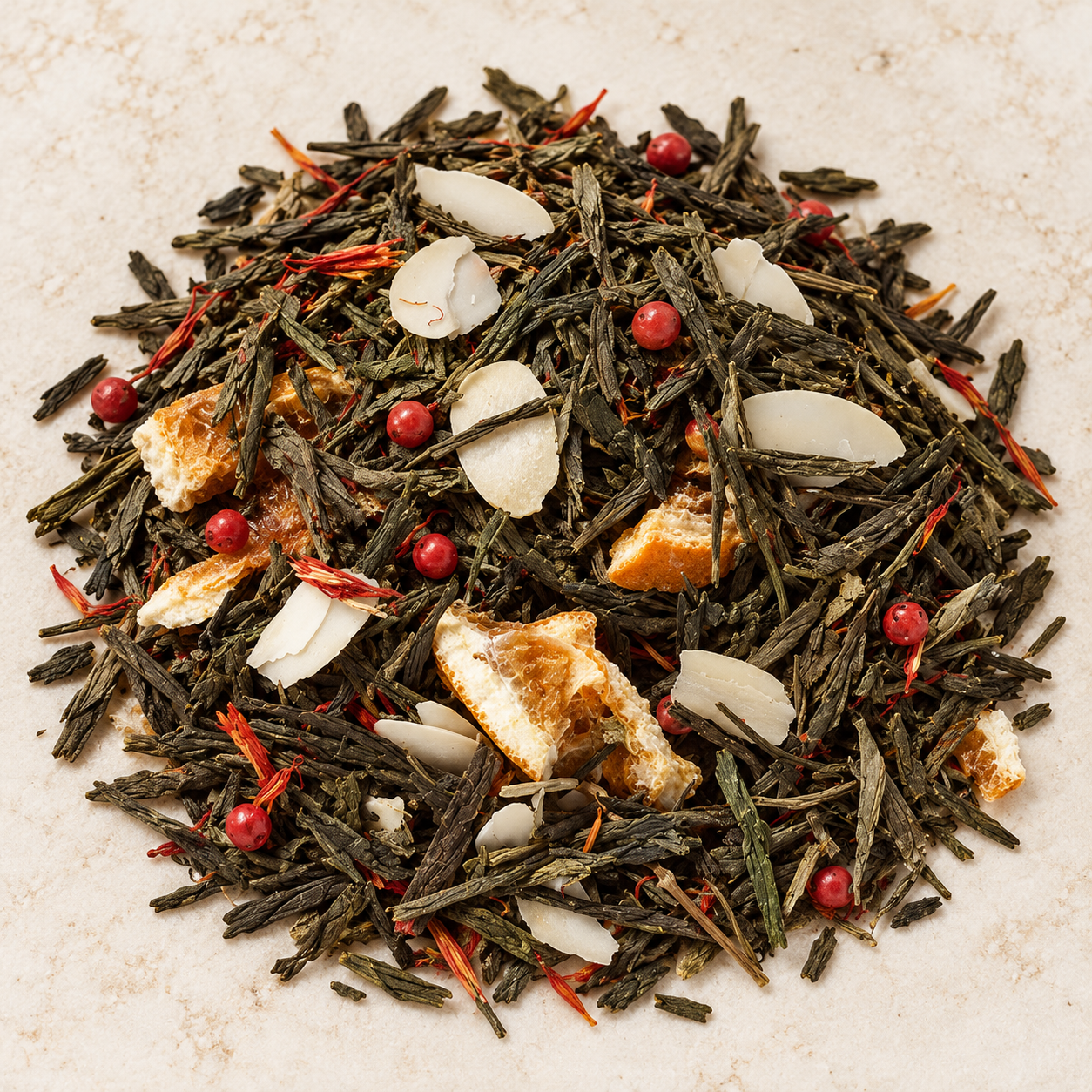 Grünteemischung Sencha Tannengrün (Mandel-Orangen-N.) aromatisiert 1 kg – TEEMANDO Atelier
