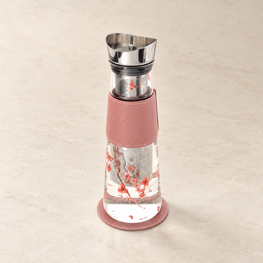 Eve Glaskaraffe „Cherry Blossom" Tee-/Kaffeezubereiter aus Glas mit Edelstahlsieb und -deckel. Mit Untersetzer 1,25 l , H 30 cm, Ø 10 cm – TEEMANDO Atelier