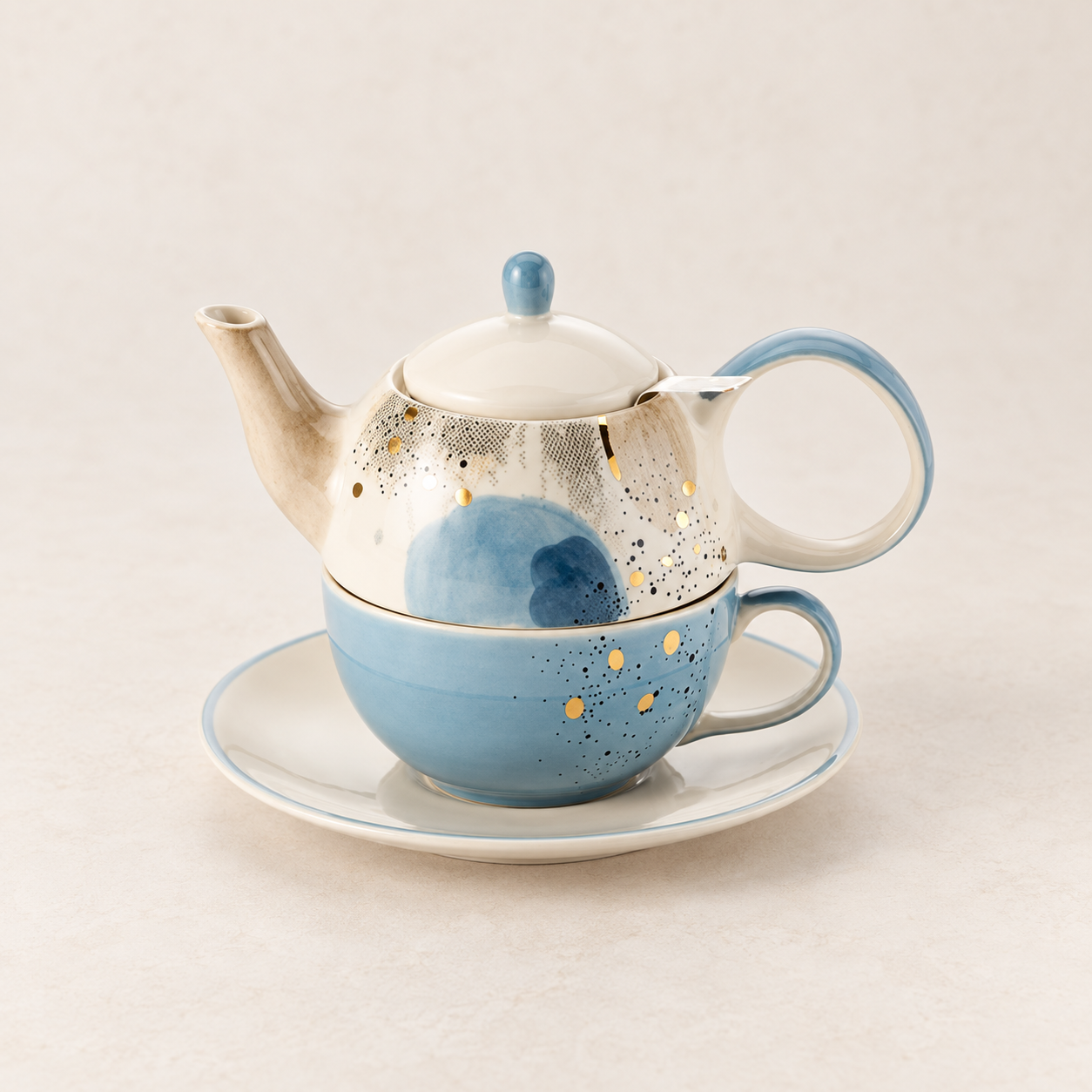 TEEMANDO Atelier – Tea for one Set "Belle" von Cha Cult, Keramik mit Goldauflage, 4-teilig Kanne: 0,4 l, Tasse: 0,2 l
