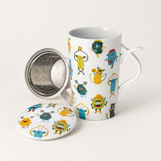 TEEMANDO Atelier-Hauptbild – Jumbo-Kräuterteetasse Happy Monsters, Tasse mit Deckel und Edelstahlsieb
