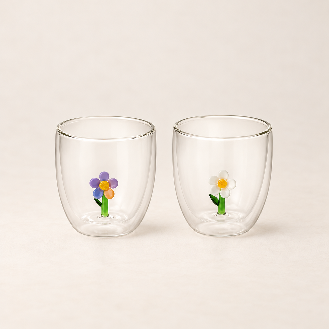 Cup Flower – 2er-Set doppelwandige Gläser mit Glasblumen