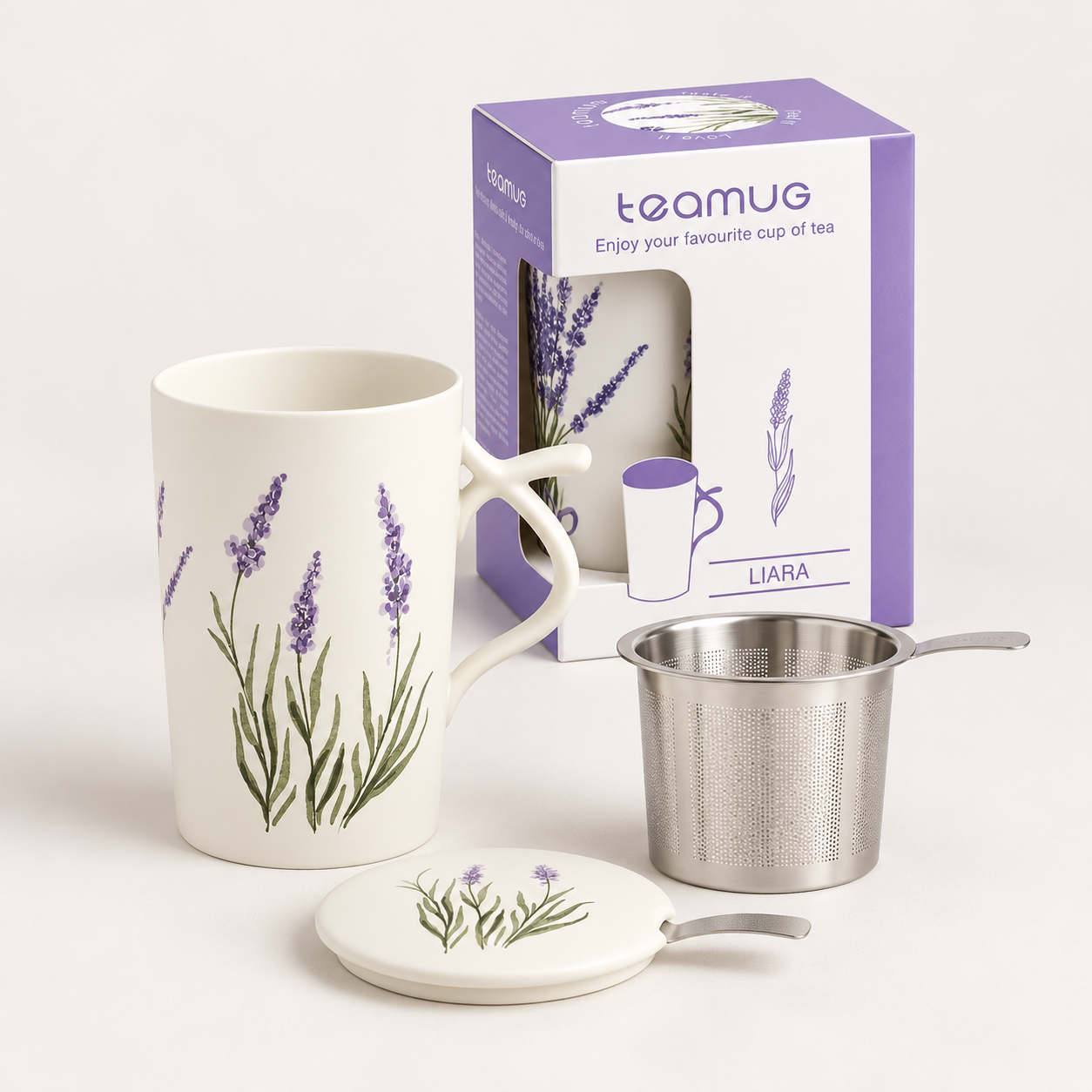 Teamug Liara 3-teiliges Lavendel-Set mit Originalverpackung im Atelier