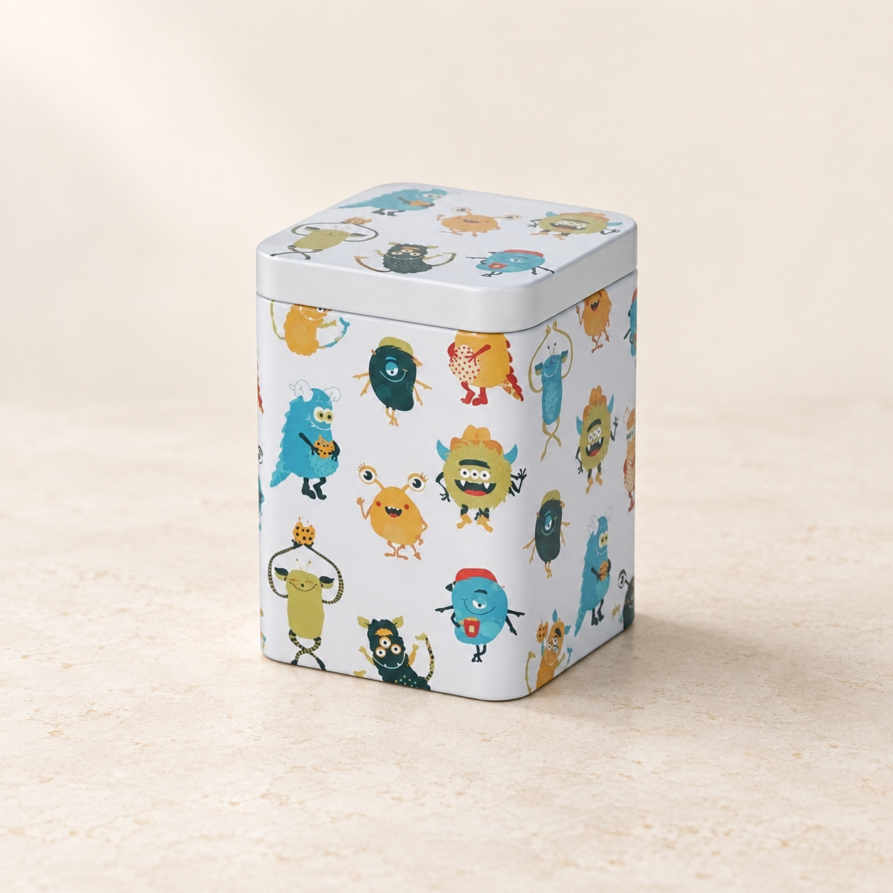 Dose "Happy Monsters" von Cha Cult, 100 g eckig, Stülpdeckel, matt