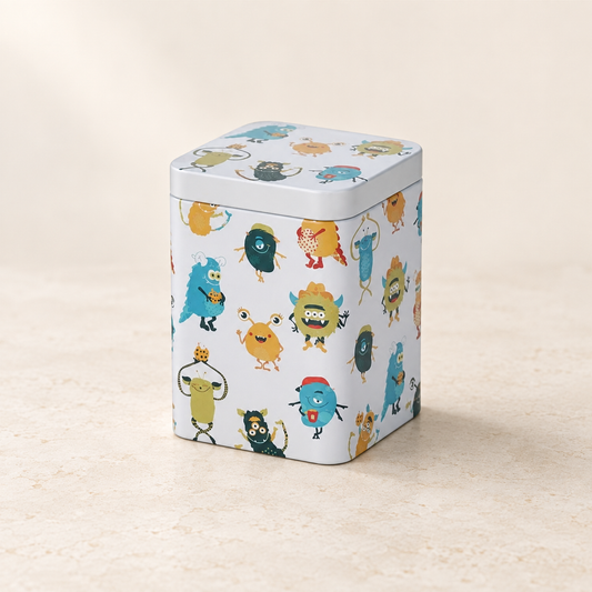 Dose "Happy Monsters" von Cha Cult, 100 g eckig, Stülpdeckel, matt